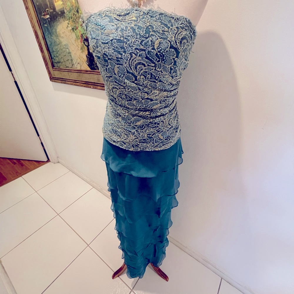 Jovani Vintage Turquoise Lace Top Ruffle Gown 12